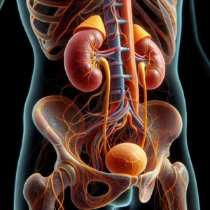 Imagem ilustrativa da anatomia do sistema urinário, com os rins e a bexiga em destaque.